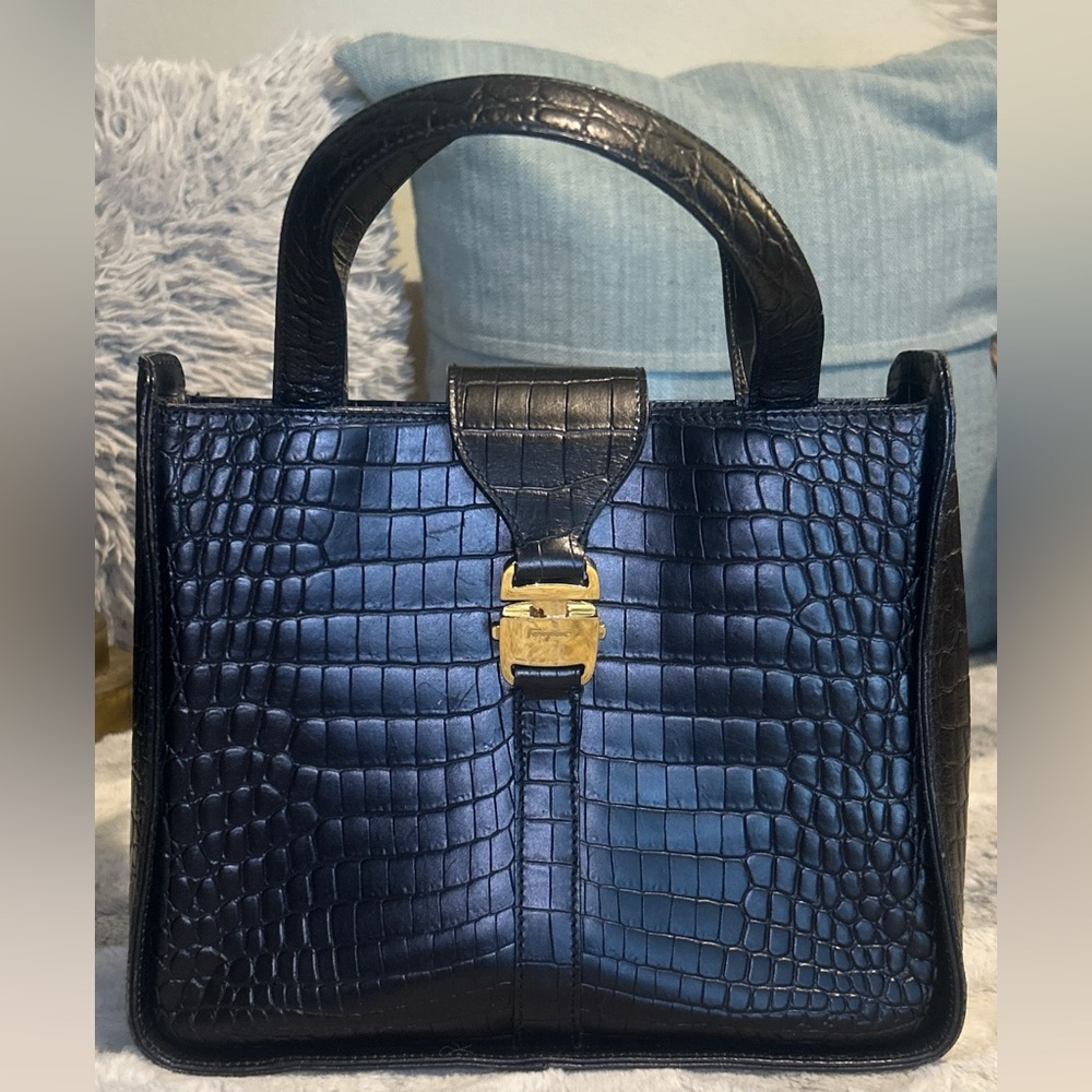 Salvatore Ferragamo Gancini Embossed Square Handbag (Black)
